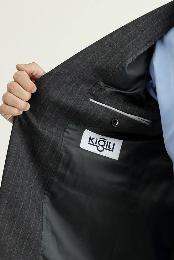 Erkek Giyim - Slim Fit Dar Kesim Yünlü Çizgili Takım Elbise