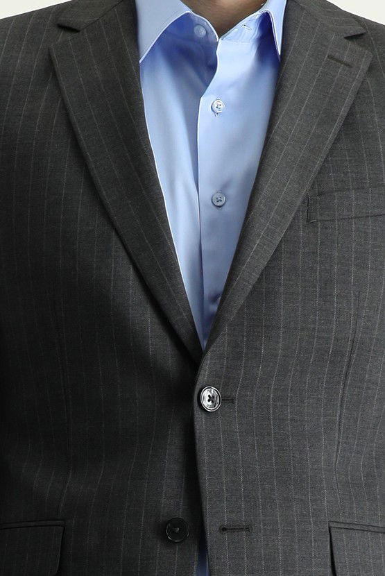 Erkek Giyim - Slim Fit Dar Kesim Yünlü Çizgili Takım Elbise