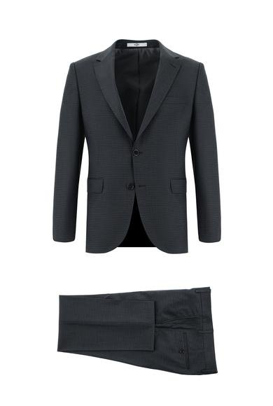 Erkek Giyim - ORTA ANTRASİT 48 Beden Slim Fit Dar Kesim Klasik Ekose Takım Elbise