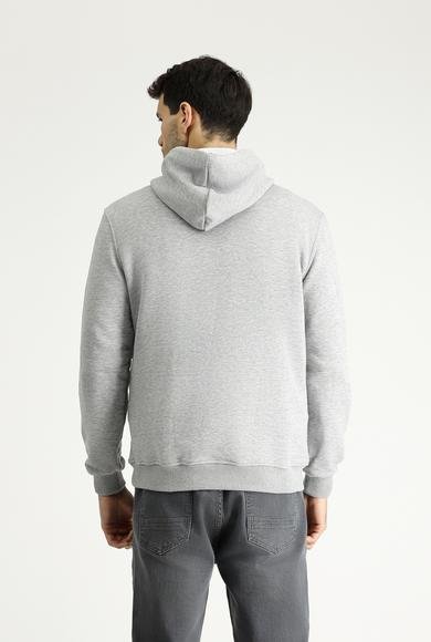 Erkek Giyim - AÇIK GRİ MELANJ XXL Beden Kapüşonlu Baskılı Pamuklu Sweatshirt