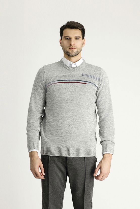 Erkek Giyim - Bisiklet Yaka Regular Fit Desenli Triko Kazak