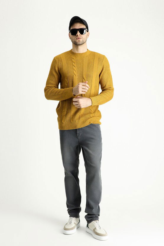 Erkek Giyim - Bisiklet Yaka Slim Fit Dar Kesim Desenli Triko Kazak