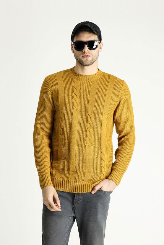 Erkek Giyim - Bisiklet Yaka Slim Fit Dar Kesim Desenli Triko Kazak