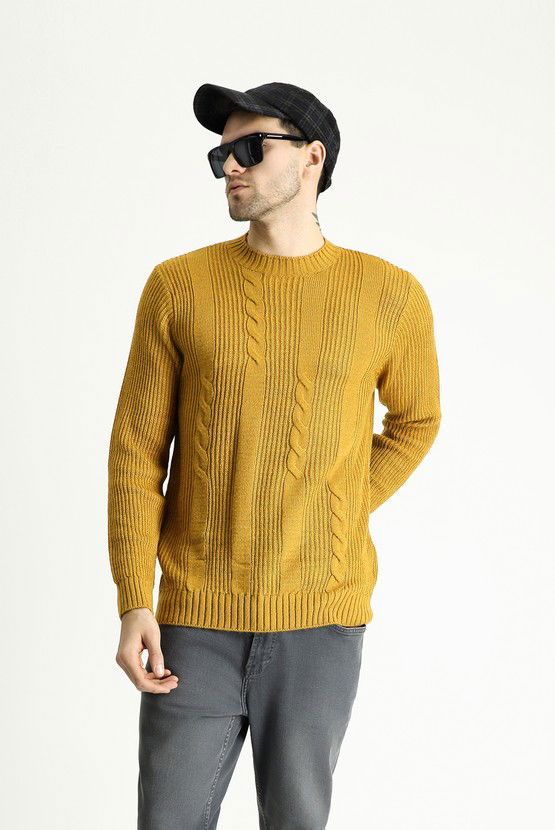 Erkek Giyim - Bisiklet Yaka Slim Fit Dar Kesim Desenli Triko Kazak