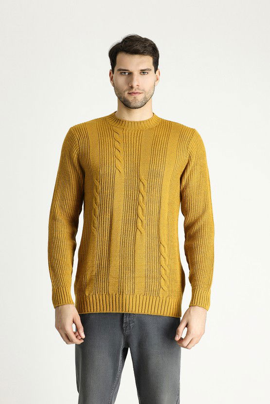 Erkek Giyim - Bisiklet Yaka Slim Fit Dar Kesim Desenli Triko Kazak