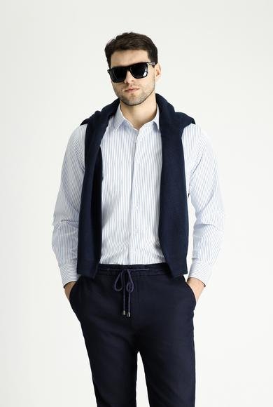Erkek Giyim - AÇIK MAVİ L Beden Uzun Kol Klasik Çizgili Pamuklu Gömlek