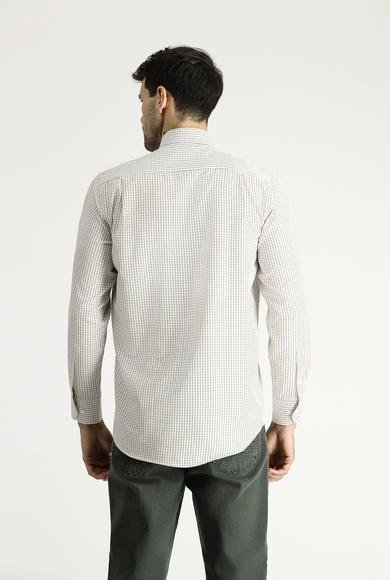 Erkek Giyim - ORTA BEJ 4X Beden Uzun Kol Regular Fit Ekose Pamuklu Gömlek