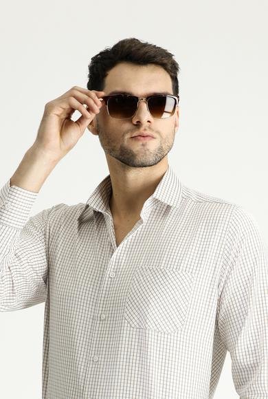 Erkek Giyim - ORTA BEJ 4X Beden Uzun Kol Regular Fit Ekose Pamuklu Gömlek
