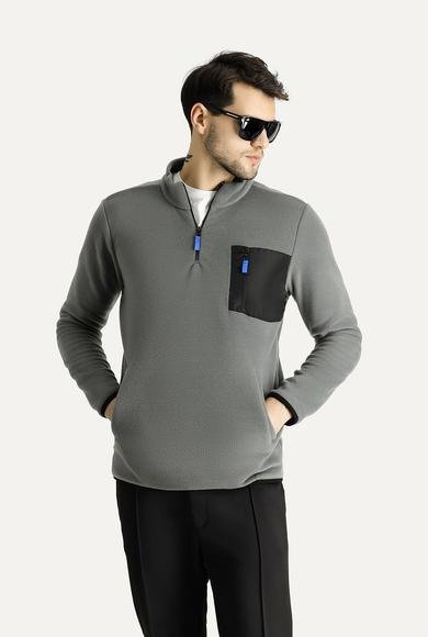 Erkek Giyim - ORTA GRİ MELANJ XXL Beden Yarım Fermuarlı Polar Sweatshirt