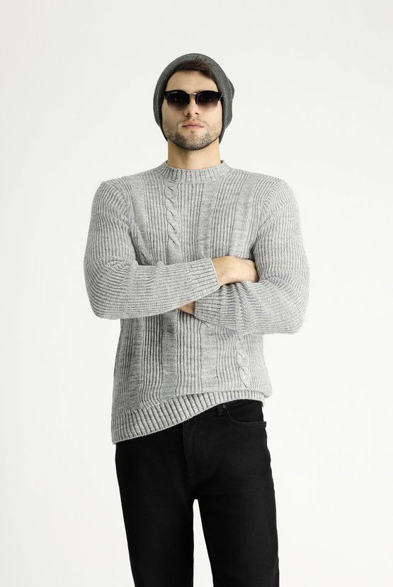 Erkek Giyim - Bisiklet Yaka Slim Fit Dar Kesim Desenli Triko Kazak