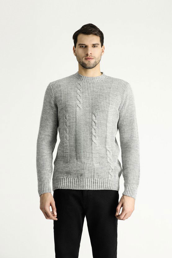 Erkek Giyim - Bisiklet Yaka Slim Fit Dar Kesim Desenli Triko Kazak