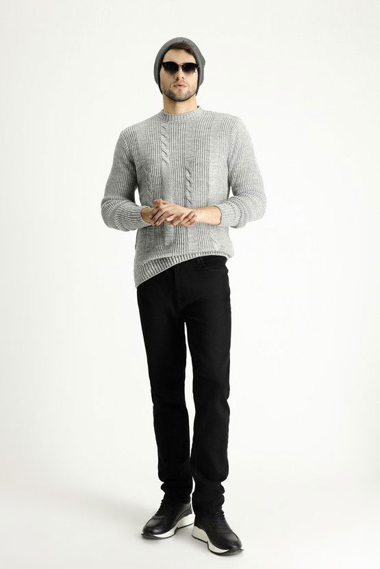 Erkek Giyim - Bisiklet Yaka Slim Fit Dar Kesim Desenli Triko Kazak