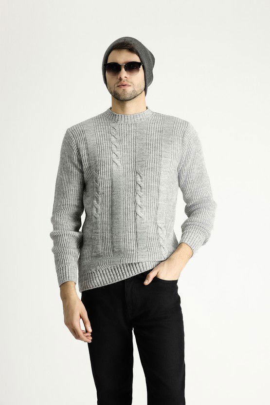 Erkek Giyim - Bisiklet Yaka Slim Fit Dar Kesim Desenli Triko Kazak