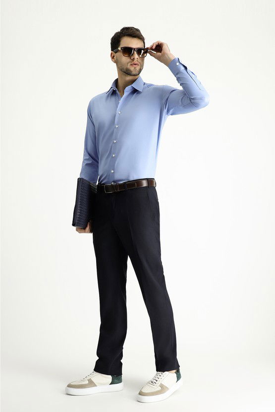 Erkek Giyim - Uzun Kol Slim Fit Dar Kesim Klasik Non Iron Saten Pamuklu Gömlek