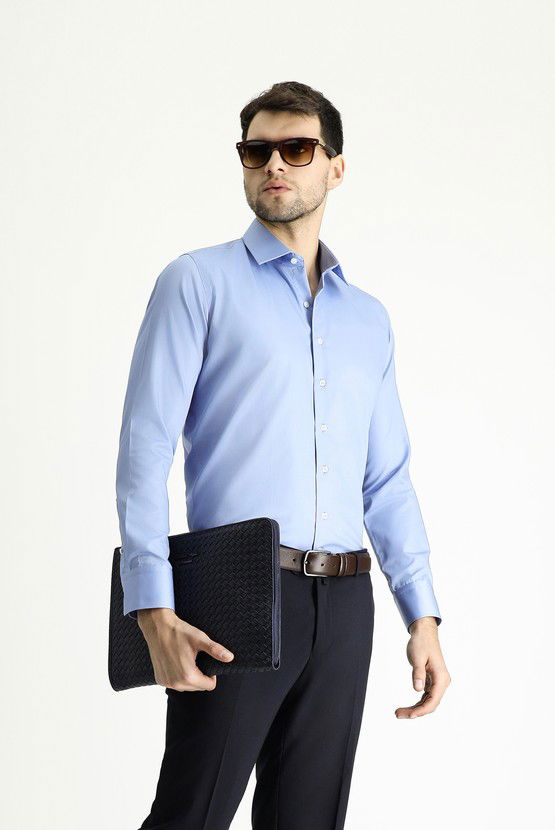 Erkek Giyim - Uzun Kol Slim Fit Dar Kesim Klasik Non Iron Saten Pamuklu Gömlek