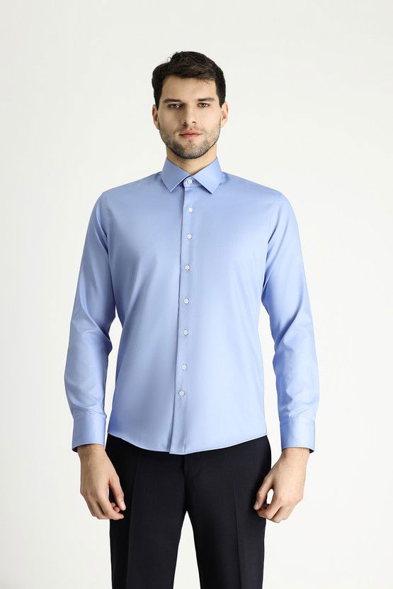 Erkek Giyim - Uzun Kol Slim Fit Dar Kesim Klasik Non Iron Saten Pamuklu Gömlek