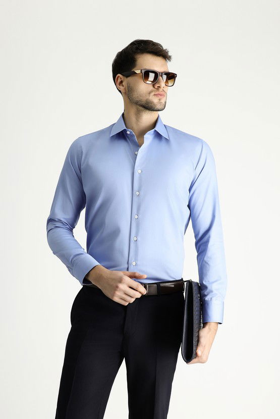 Erkek Giyim - Uzun Kol Slim Fit Dar Kesim Klasik Non Iron Saten Pamuklu Gömlek