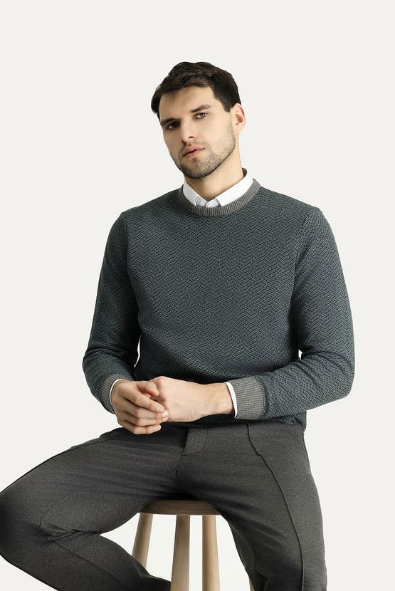 Erkek Giyim - Bisiklet Yaka Slim Fit Dar Kesim Desenli Triko Kazak