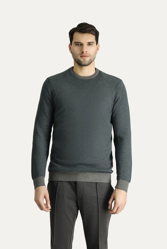 Erkek Giyim - Bisiklet Yaka Slim Fit Dar Kesim Desenli Triko Kazak