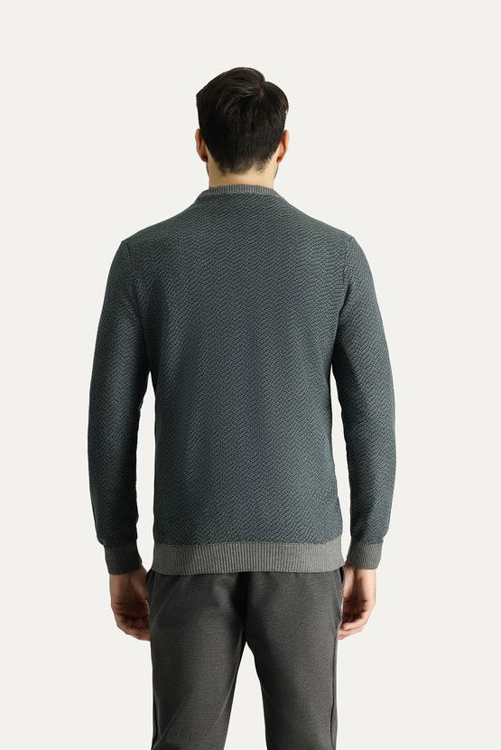 Erkek Giyim - Bisiklet Yaka Slim Fit Dar Kesim Desenli Triko Kazak