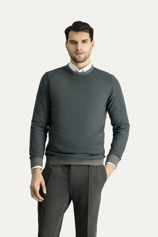 Erkek Giyim - Bisiklet Yaka Slim Fit Dar Kesim Desenli Triko Kazak