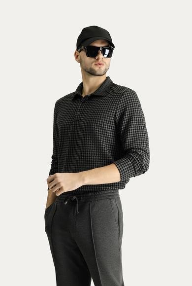 Erkek Giyim - SİYAH 3X Beden Polo Yaka Desenli Nakışlı Sweatshirt