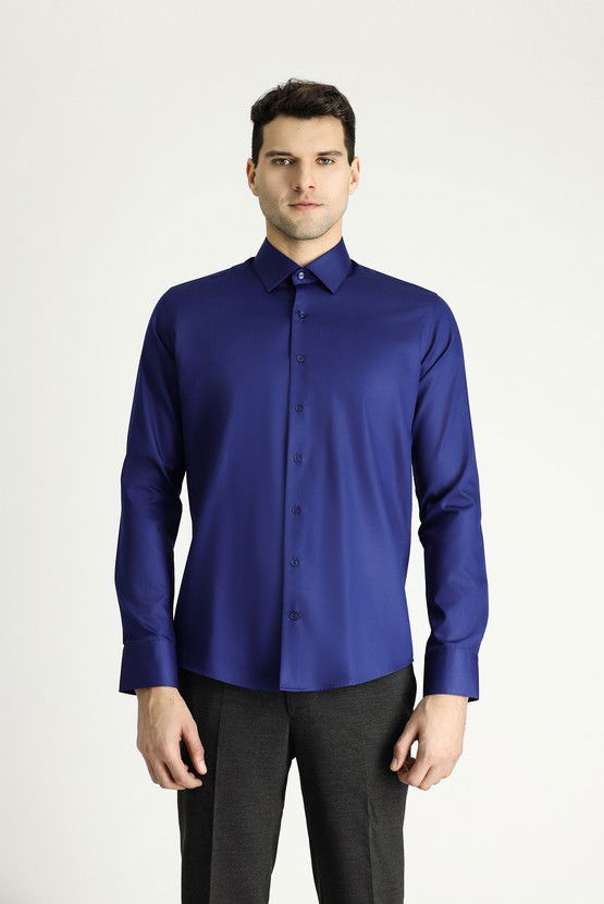 Erkek Giyim - Uzun Kol Slim Fit Dar Kesim Klasik Non Iron Saten Pamuklu Gömlek