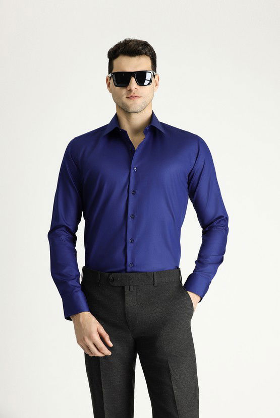 Erkek Giyim - Uzun Kol Slim Fit Dar Kesim Klasik Non Iron Saten Pamuklu Gömlek