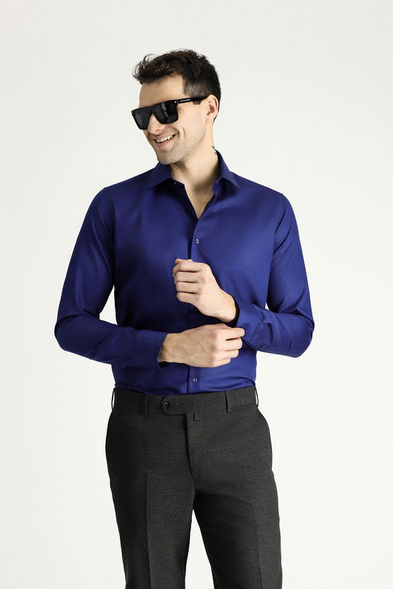 Erkek Giyim - Uzun Kol Slim Fit Dar Kesim Klasik Non Iron Saten Pamuklu Gömlek