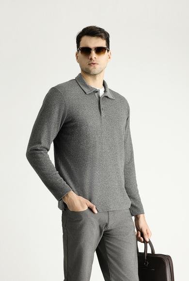 Erkek Giyim - ORTA GRİ MELANJ L Beden Polo Yaka Desenli Nakışlı Pamuklu Sweatshirt