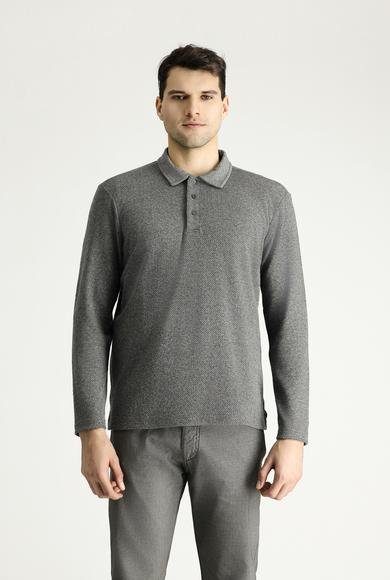 Erkek Giyim - ORTA GRİ MELANJ L Beden Polo Yaka Desenli Nakışlı Pamuklu Sweatshirt