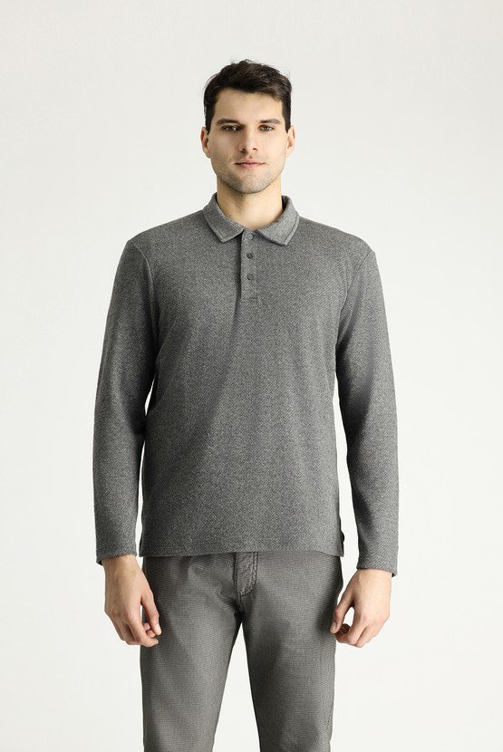 Erkek Giyim - Polo Yaka Desenli Nakışlı Pamuklu Sweatshirt