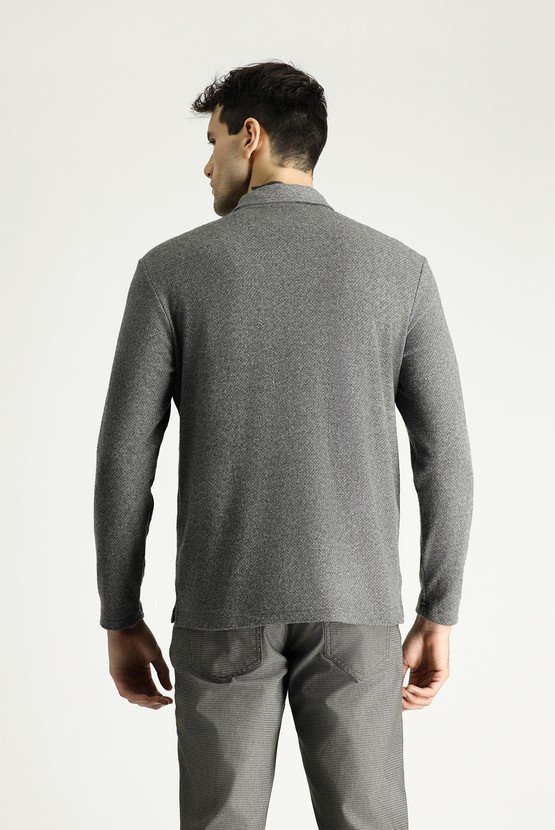 Erkek Giyim - Polo Yaka Desenli Nakışlı Pamuklu Sweatshirt
