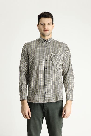 Erkek Giyim - ORTA BEJ 3X Beden Uzun Kol Regular Fit Oduncu Ekose Pamuklu Gömlek
