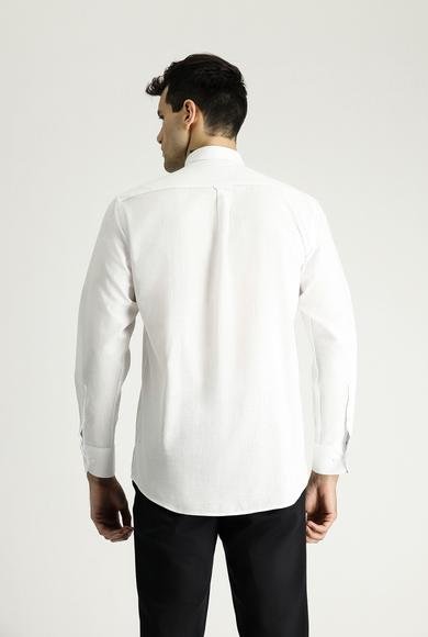 Erkek Giyim - BEYAZ 3X Beden Uzun Kol Relax Fit Rahat Kesim Keten Görünümlü Pamuk Gömlek