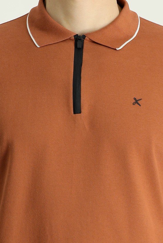 Erkek Giyim - Polo Yaka Regular Fit Fermuarlı Desenli Pamuk Tişört