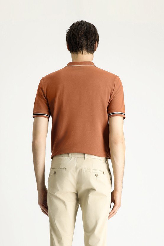 Erkek Giyim - Polo Yaka Regular Fit Fermuarlı Desenli Pamuk Tişört