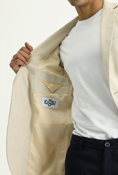 Erkek Giyim - AÇIK BEJ 50 Beden Slim Fit Dar Kesim Desenli Ceket