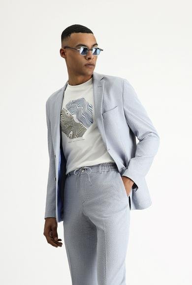 Erkek Giyim - AÇIK MAVİ 44 Beden Super Slim Fit Ekstra Dar Kesim Gofre Ceket