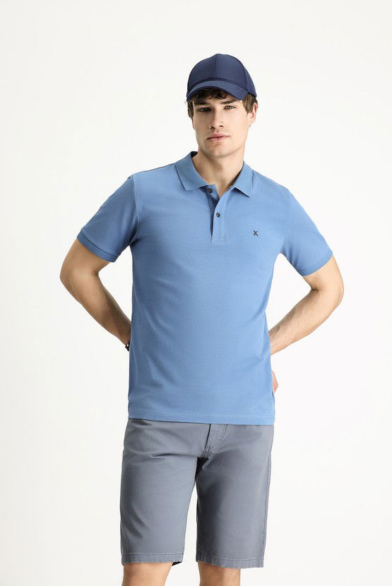Erkek Giyim - Polo Yaka Slim Fit Dar Kesim Nakışlı Pamuk Tişört