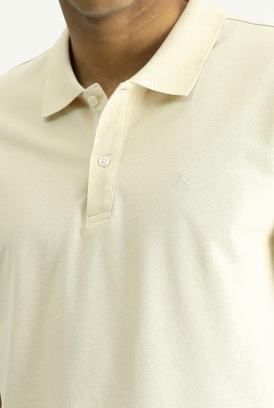 Erkek Giyim - AÇIK BEJ XXL Beden Polo Yaka Slim Fit Dar Kesim Nakışlı Pamuk Tişört