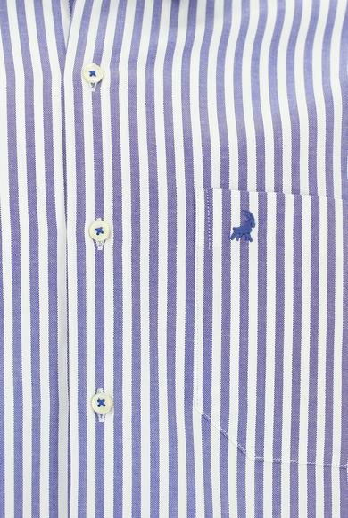 Erkek Giyim - ORTA LACİVERT L Beden Uzun Kol Regular Fit Çizgili Pamuk Gömlek