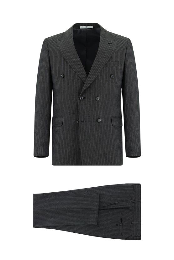 Erkek Giyim - Slim Fit Dar Kesim Çizgili Kruvaze Takım Elbise
