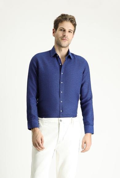 Erkek Giyim - AÇIK LACİVERT XL Beden Uzun Kol Slim Fit Dar Kesim Desenli Spor Pamuk Gömlek
