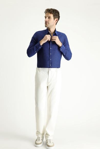 Erkek Giyim - AÇIK LACİVERT XL Beden Uzun Kol Slim Fit Dar Kesim Desenli Spor Pamuk Gömlek