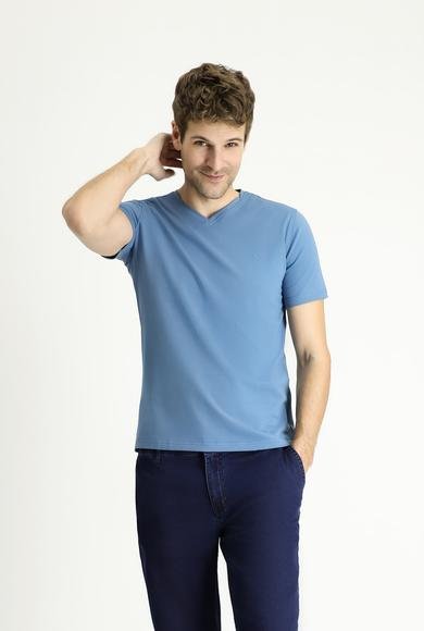 Erkek Giyim - HAVACI MAVİ S Beden V Yaka Slim Fit Dar Kesim Süprem Pamuklu Tişört