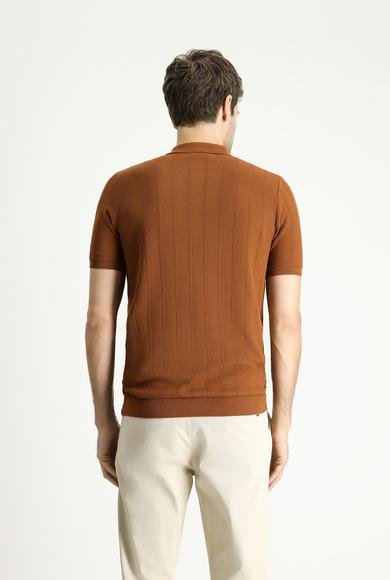 Erkek Giyim - AÇIK KAHVE M Beden Polo Yaka Regular Fit Fermuarlı Desenli Pamuklu Tişört