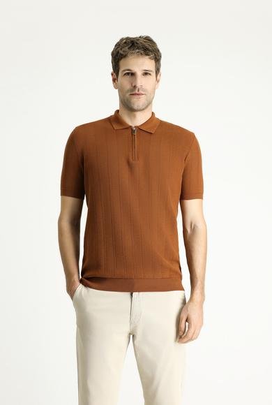 Erkek Giyim - AÇIK KAHVE M Beden Polo Yaka Regular Fit Fermuarlı Desenli Pamuklu Tişört