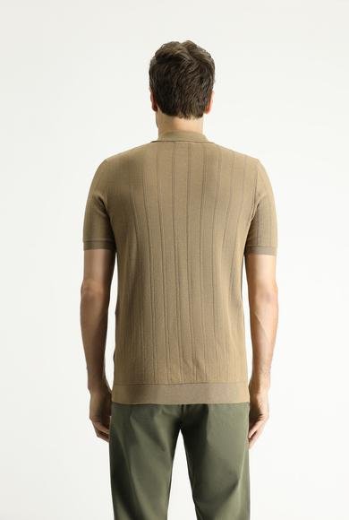 Erkek Giyim - ORTA VİZON XL Beden Polo Yaka Regular Fit Fermuarlı Desenli Pamuklu Tişört