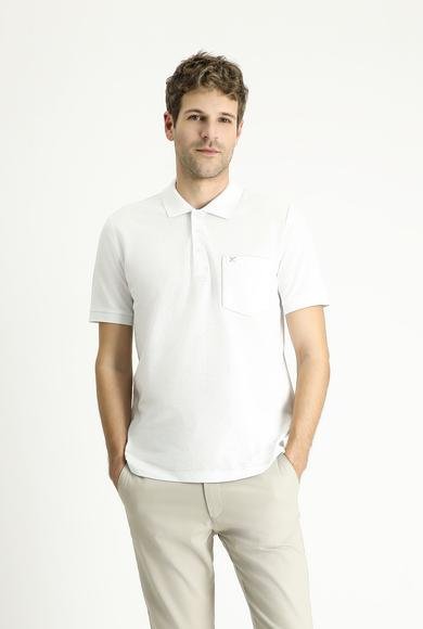 Erkek Giyim - BEYAZ XL Beden Polo Yaka Regular Fit Nakışlı Pamuk Tişört